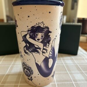 STARBUCKS 2016 BLUE Mermaid Siren Sailor Tattoo Ceramic Travel Tumbler with Lid
